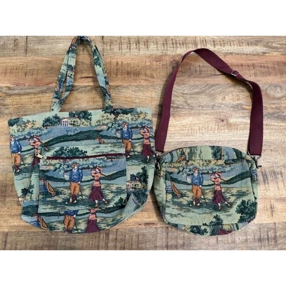 Vtg Holdings Fine Accessories Sports Club Golf Tapestry Crossbody Bag Tote 2 set